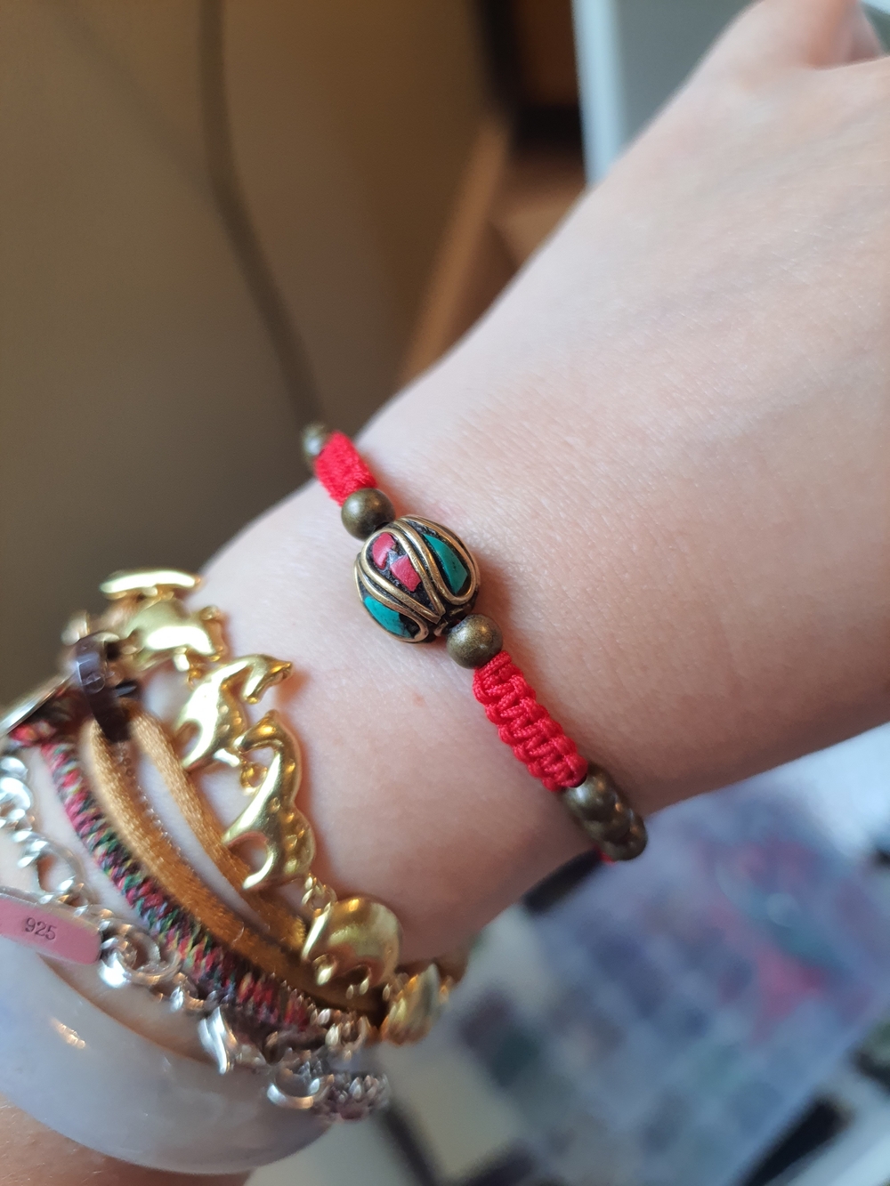 Tibetan Coral and Turquoise Brass Bead Red String Shamballa Meditation Bracelet